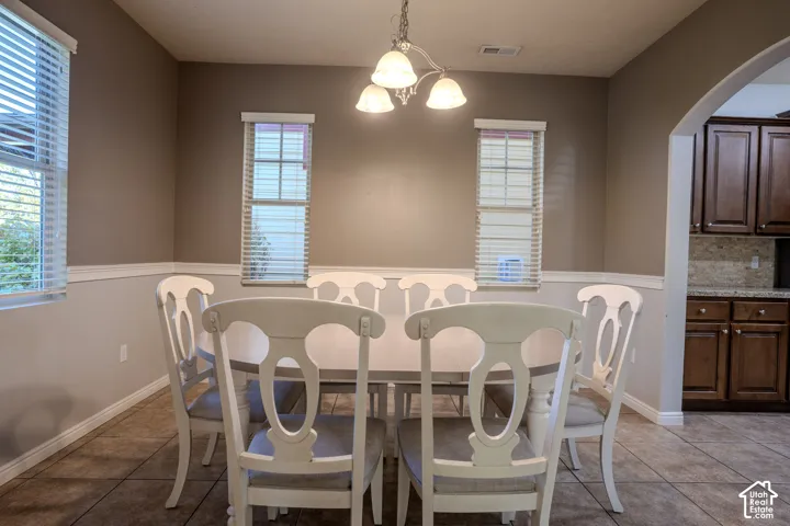 Dining area featuring tile flooring, wainscoting, multi-pane windows with horizontal blinds, and a three-light pendant fixture