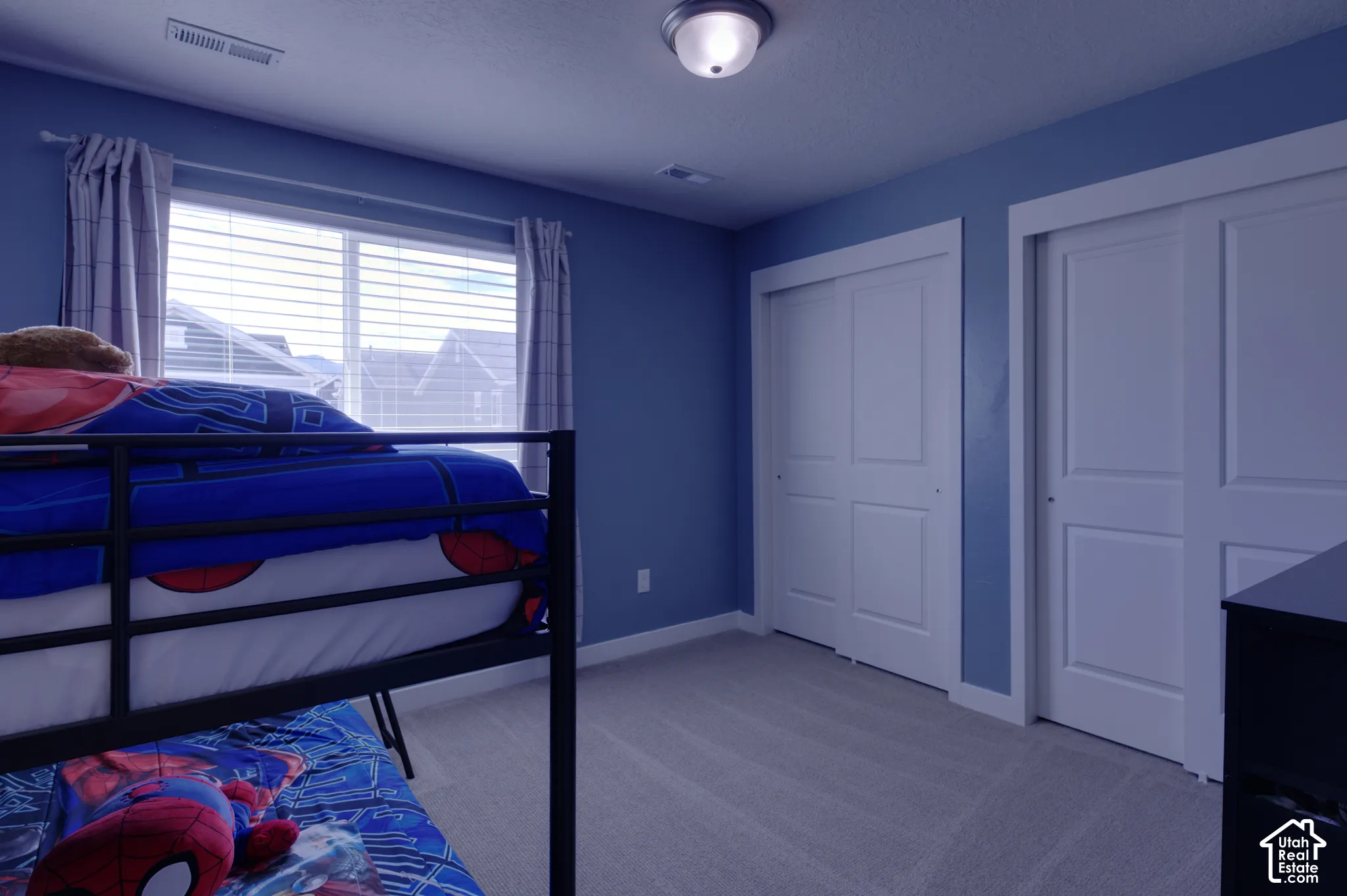 Interior space featuring neutral carpeting, double sliding closet doors, a dual-pane window, and a ceiling-mounted light fixture