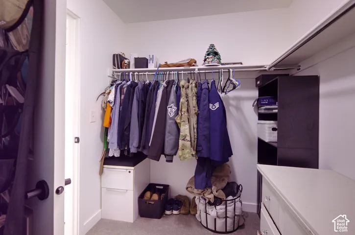 Primary Walk-in closet featuring wall-to-wall carpeting and integrated wire shelving