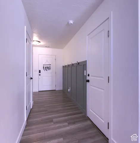 Entryway featuring wood-finish flooring, board-and-batten wall detailing, installed wall hooks, and flush-mount ceiling lighting