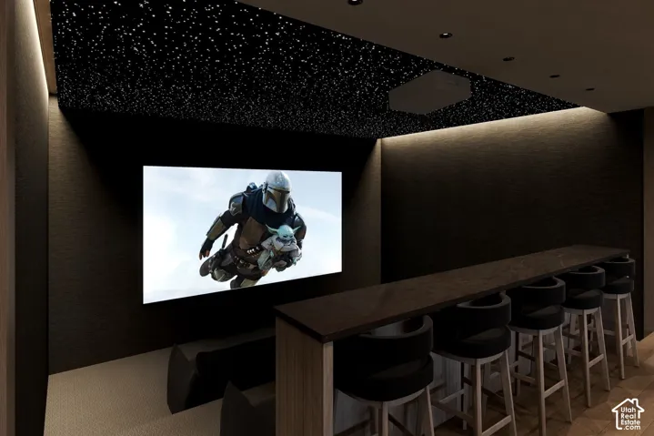 Dedicated theater room featuring a starlit fiber-optic ceiling, tiered floor levels, built-in projector housing, and a custom bar-height counter with integrated task lighting