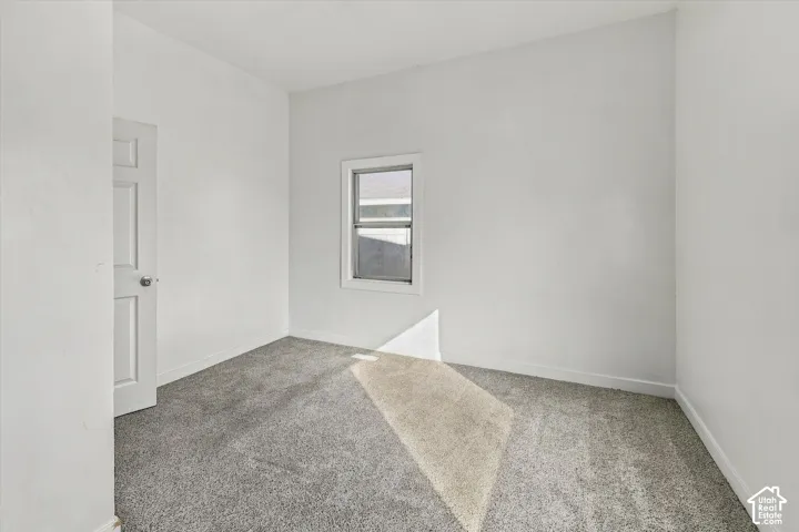Neutral wall finishes, plush carpeting, single-panel interior door with brushed metal hardware, and a double-pane window