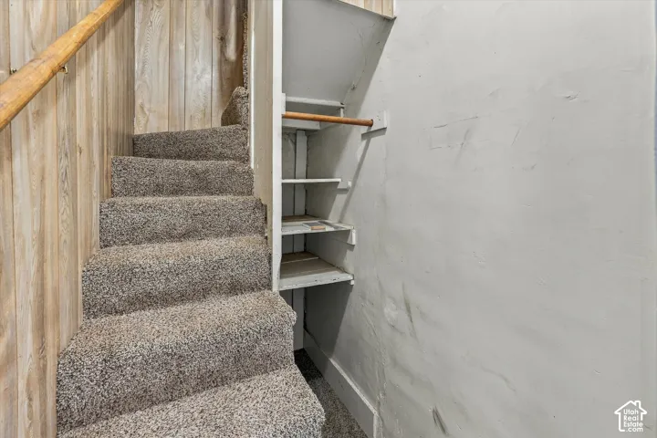 Carpeted staircase featuring natural finish wood-paneled walls, a wooden handrail, and built-in under-stair storage shelving