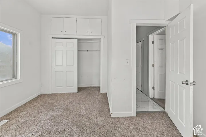 Room featuring wall-to-wall carpet, built-in overhead storage cabinetry, and a closet with a six-panel door