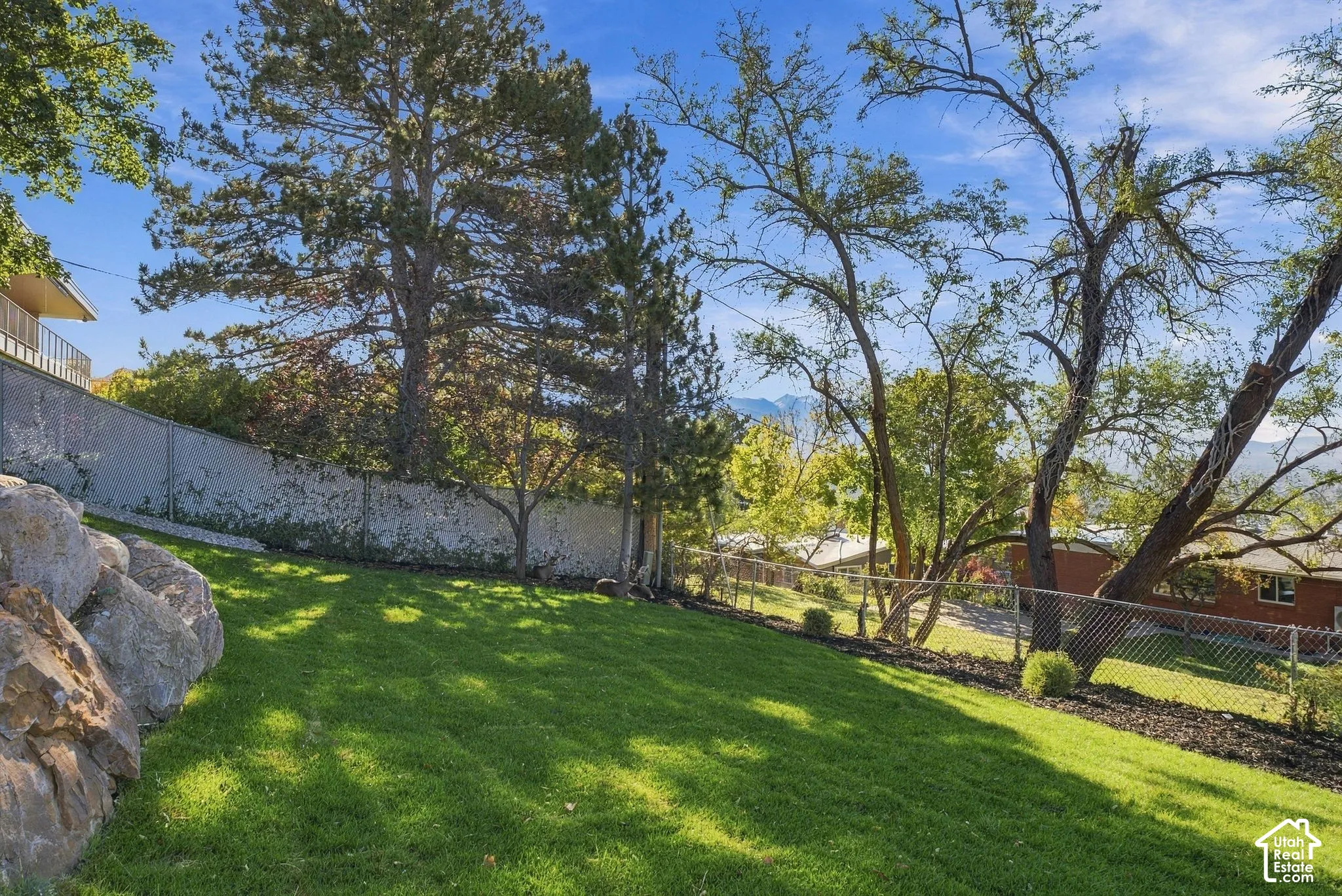 Backyard featuring natural rock outcroppings, manicured lawn, chain-link fencing, and mature trees with a mountain backdrop