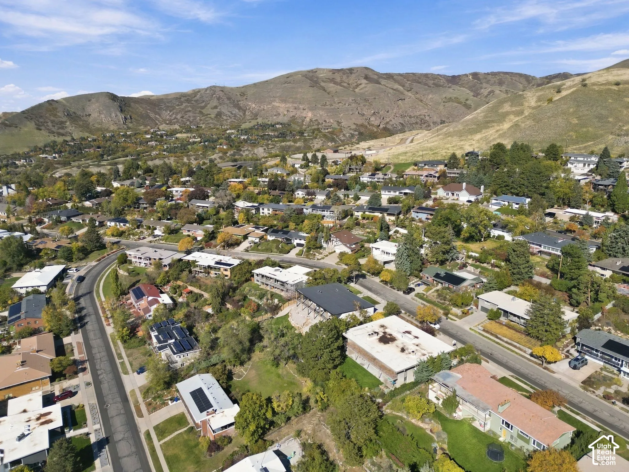 Aerial perspective featuring a hillside residential setting surrounded by mature trees and prominent mountain topography