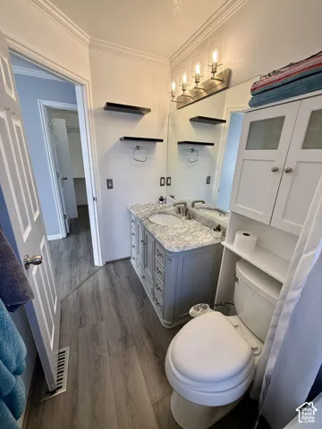 Bathroom featuring wood-finish flooring, a grey vanity with a stone-composite countertop, wall-mounted floating shelving, and a three-light vanity fixture