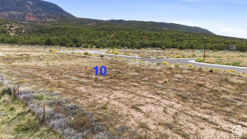 Vacant land parcel featuring native desert landscape, paved road access, and mountain backdrop