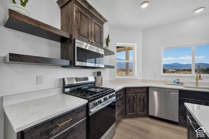 Kitchen featuring dark-stained cabinetry, quartz countertops, stainless steel appliances, open floating shelving, and wood-finish flooring