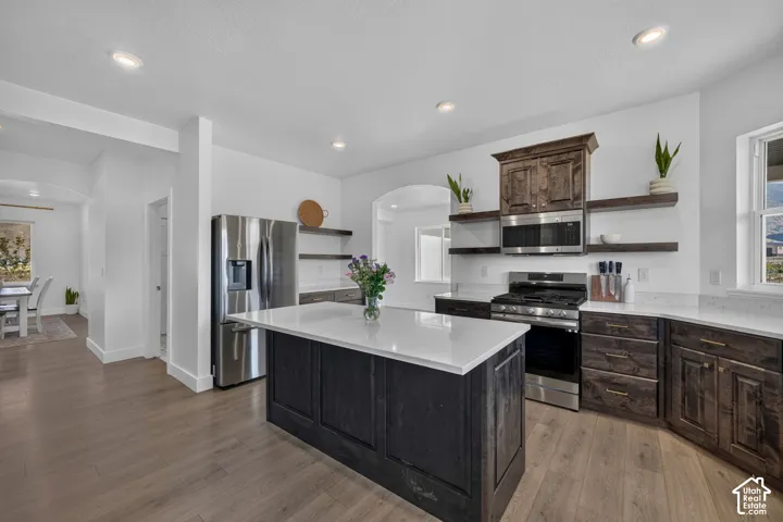 Kitchen featuring a central island with a solid surface countertop, wood-finish cabinetry, floating shelves, stainless steel appliances, and recessed lighting