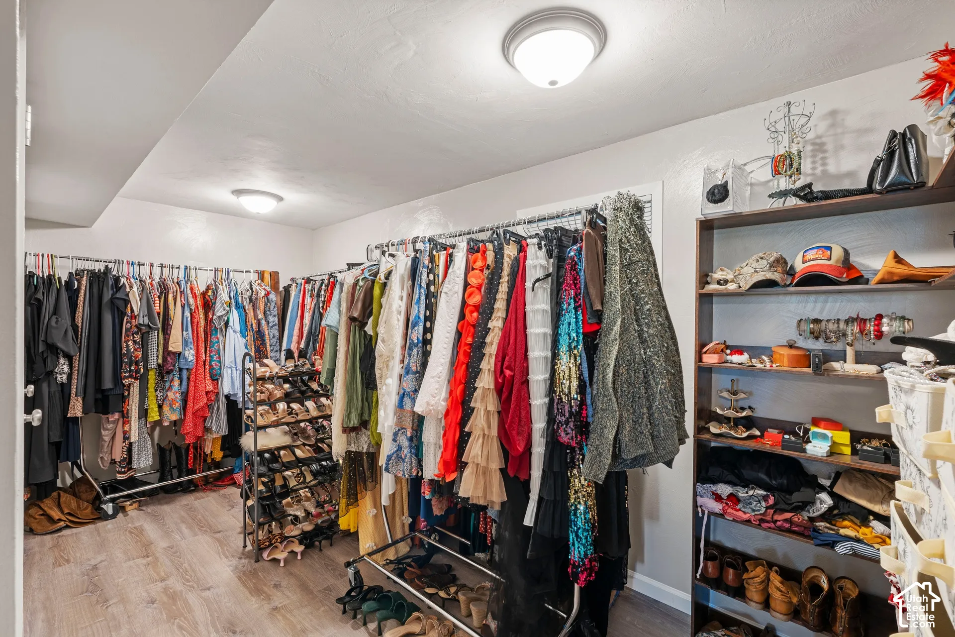 Walk-in closet featuring wood-finish flooring and two ceiling-mounted flush light fixtures