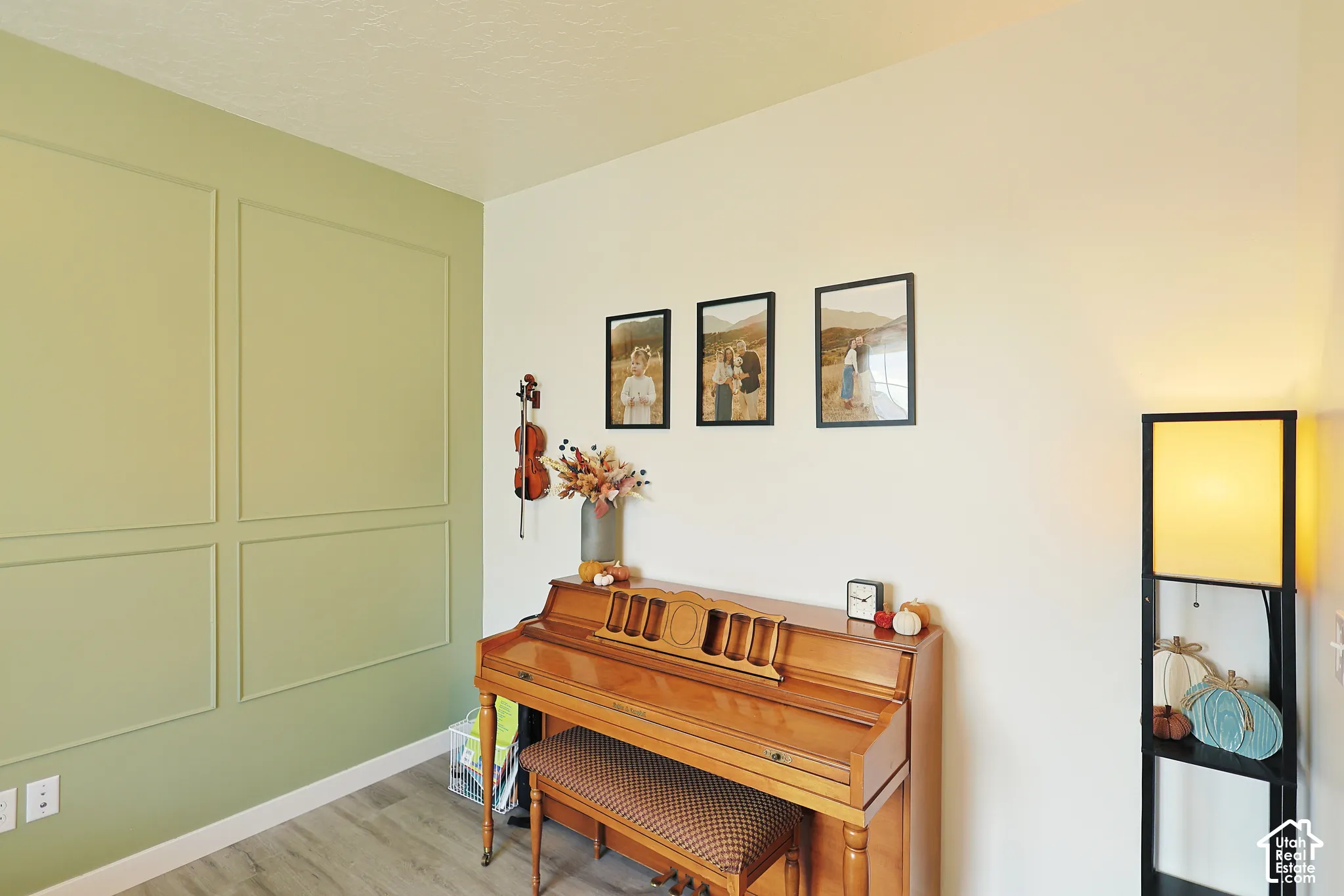 Interior room featuring sage-toned decorative wall molding and wood-finish flooring