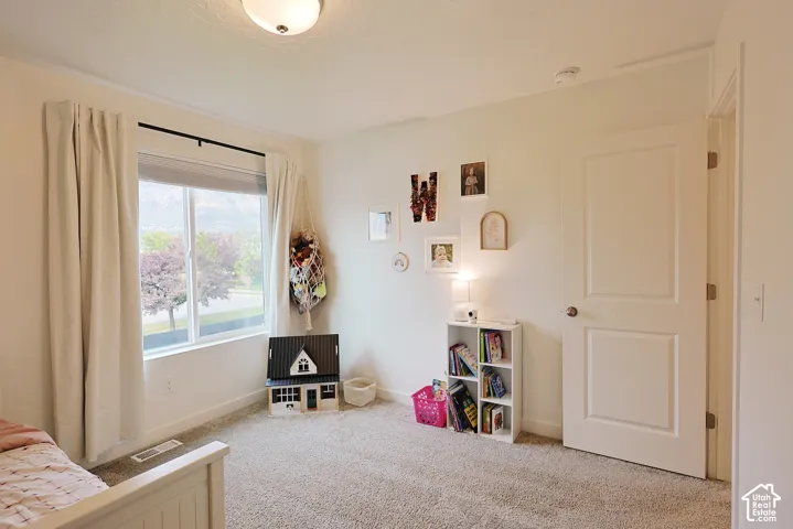 Neutral-toned interior space featuring wall-to-wall carpeting, a large sliding window, and a two-panel interior door with a brushed nickel lever
