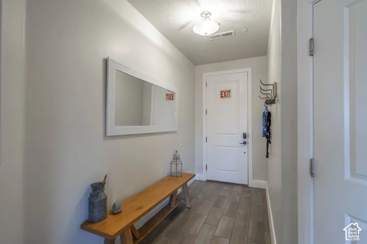 Entryway featuring wood-finish tile flooring, a solid-panel door, semi-flush mount ceiling lighting, and a wall-mounted coat rack