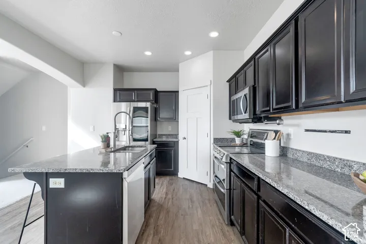 Kitchen featuring dark-finish cabinetry, stone-surface countertops, stainless steel appliances, a center island with a dual-basin sink, and wood-finish flooring