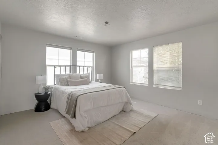 Spacious bedroom featuring neutral wall-to-wall carpeting, high ceilings, and four double-pane windows