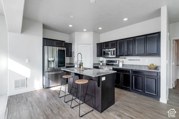 Kitchen featuring dark cabinetry, stone-finish countertops, stainless steel appliances, central island with integrated sink, and wood-finish flooring
