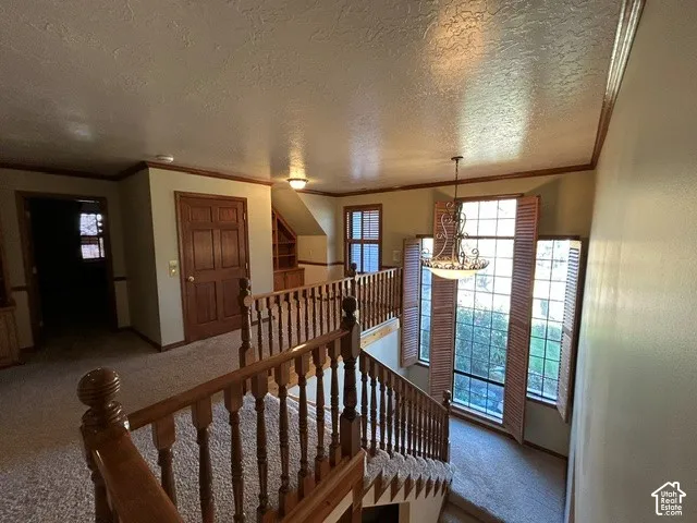 Upstairs den/loft area featuring a wood banister and turned balusters, multi-pane floor-to-ceiling windows, wooden interior shutters, and a brass multi-light chandelier
