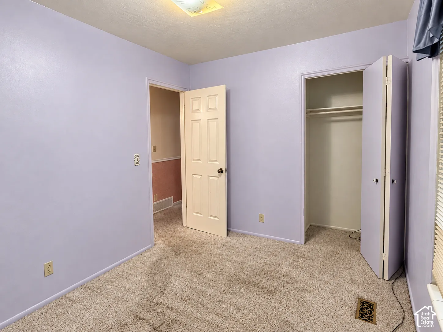 Interior room featuring neutral carpeting, a built-in closet with double-panel doors, and a solid-core six-panel door
