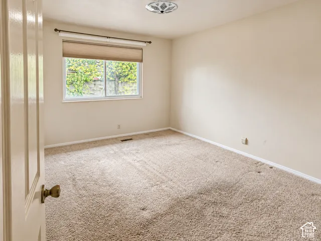 Neutral wall-to-wall carpeting, window with pleated shade, and circular flush-mount ceiling lighting