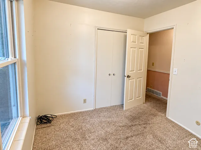 Neutral-toned wall-to-wall carpeting, double-panel closet doors, and multi-pane vertical window