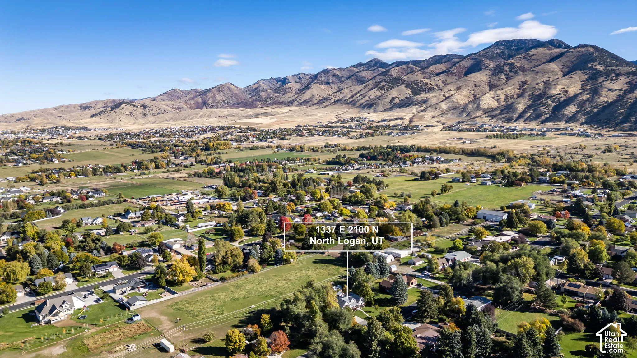 Aerial perspective featuring expansive open grounds, mature trees, and a mountain range backdrop