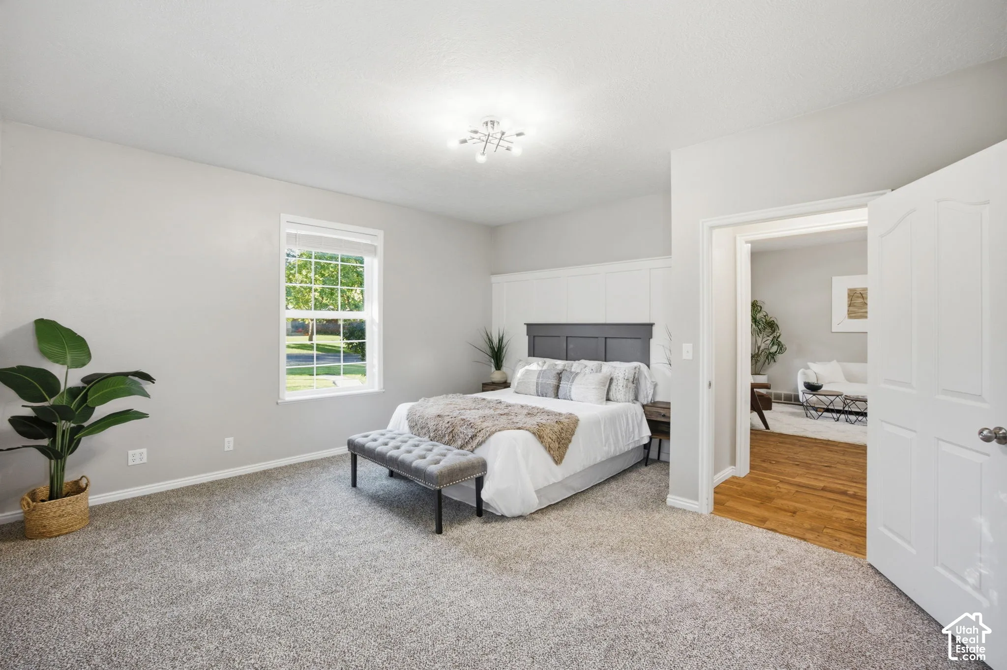 Room interior featuring wall-to-wall carpeting, wood-finish flooring in the threshold area, white board-and-batten wall detailing, multi-pane window, and a multi-bulb flush-mount light fixture