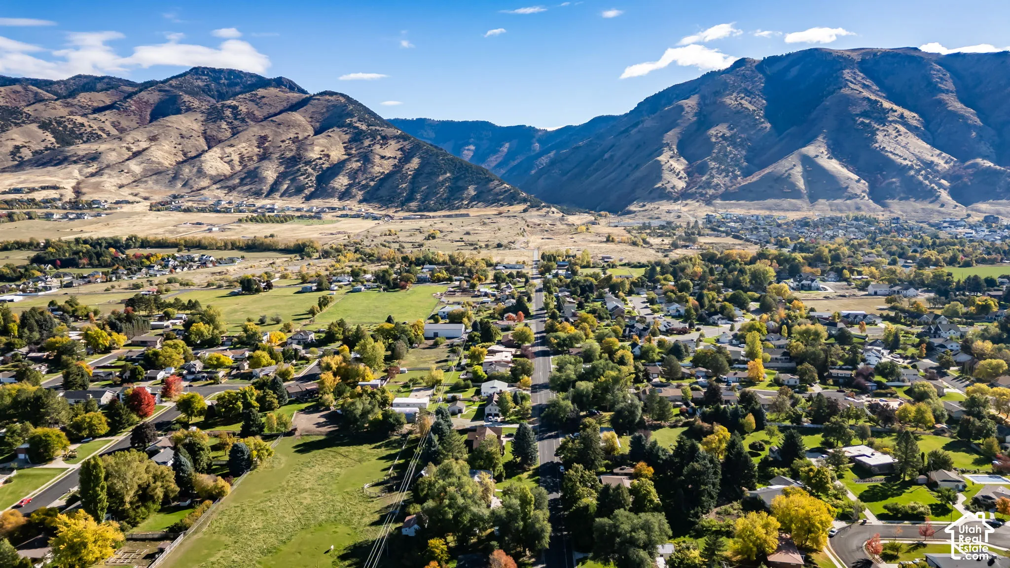 Aerial perspective featuring expansive mountain topography and mature tree-lined residential streets