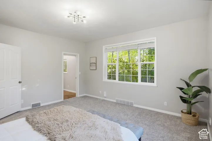 Neutral-toned interior space featuring wall-to-wall carpeting, a multi-light flush-mount fixture, a large multi-pane window, and a multi-panel interior door