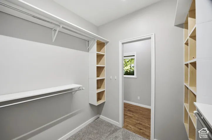 Walk-in closet featuring tiered shelving, built-in cubbies, and integrated clothing rods