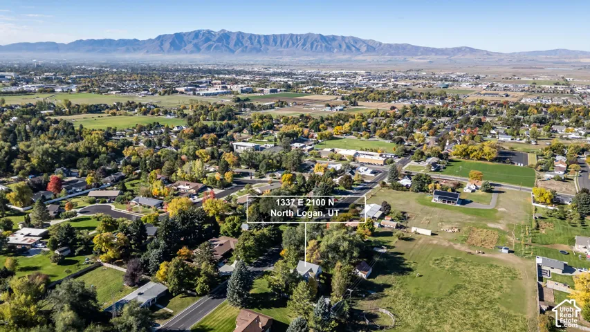 Aerial perspective highlighting an expansive residential lot featuring mature trees and a mountain range backdrop
