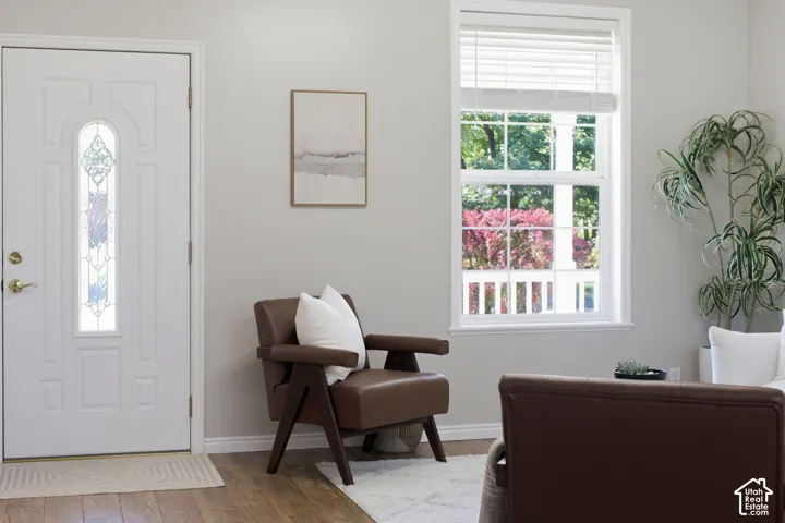 Entrance featuring a six-panel door with an arched glass insert, multi-pane window with horizontal blinds, and wood-finish flooring