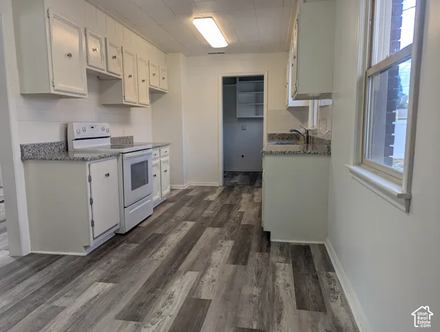 Kitchen featuring wood-finish flooring, stone-patterned countertops, white cabinetry, a freestanding range, and a walk-in pantry