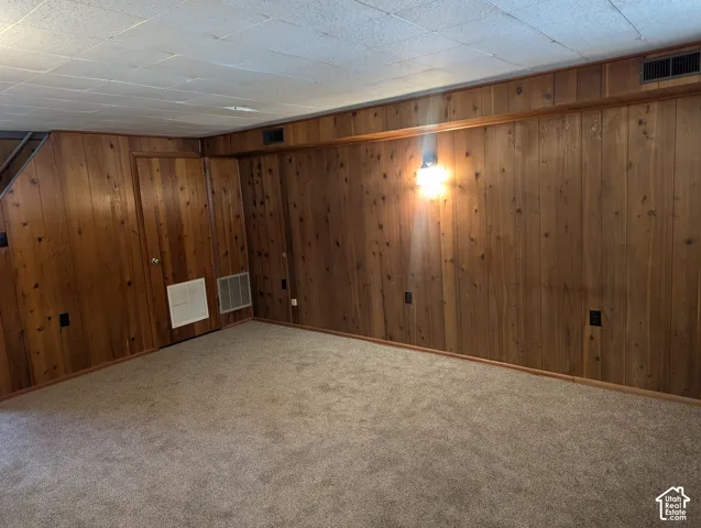 Finished room featuring wood-paneled walls, neutral carpeting, and a wall-mounted light fixture