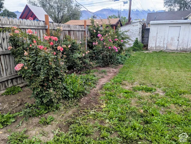 Backyard featuring a wood-plank fence, established rose bushes, a grass lawn, and mountain scenery