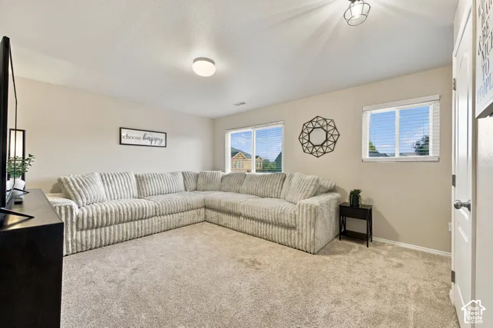 Room interior featuring neutral wall paint, wall-to-wall carpeting, two dual-pane windows with horizontal blinds, and dual ceiling-mounted flush light fixtures