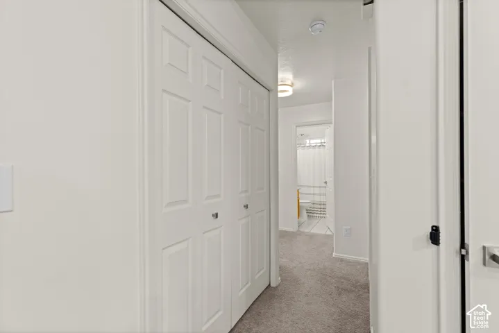 Hallway featuring wall-to-wall carpeting, bi-fold closet doors, and flush-mount ceiling lighting