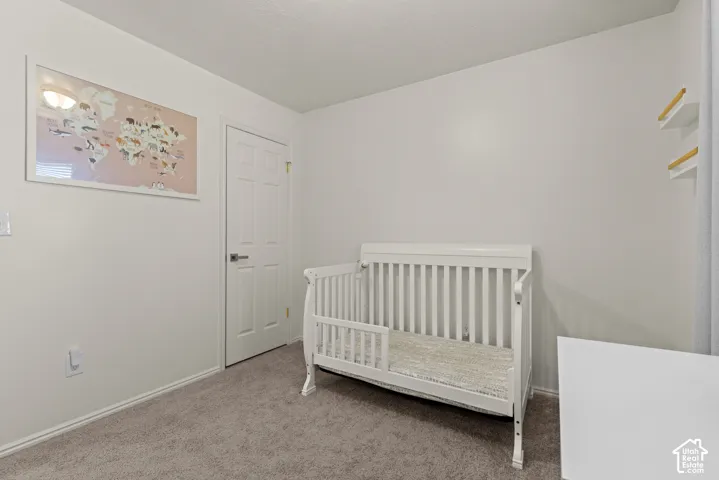 Neutral-toned interior space featuring wall-to-wall carpeting, a six-panel door, and built-in floating wall shelving