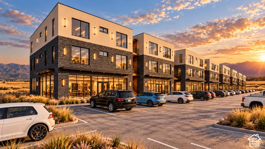 Contemporary multi-story exterior featuring stone veneer, stucco facade, expansive floor-to-ceiling windows, and attached wall-mounted lighting, set against a mountain backdrop