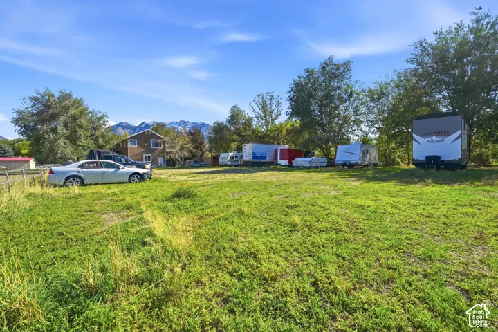 Expansive lot featuring mature trees, natural grass terrain, and a prominent mountain backdrop