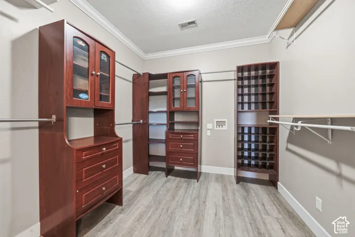 Custom walk-in storage area featuring dark wood-finish cabinetry, glass-front upper displays, integrated shelving units, and wood-finish flooring