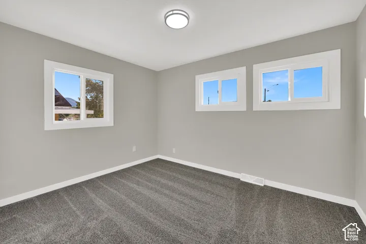 Neutral interior room featuring neutral wall paint, wall-to-wall carpeting, three sliding windows with white casing, and a flush-mount overhead light fixture