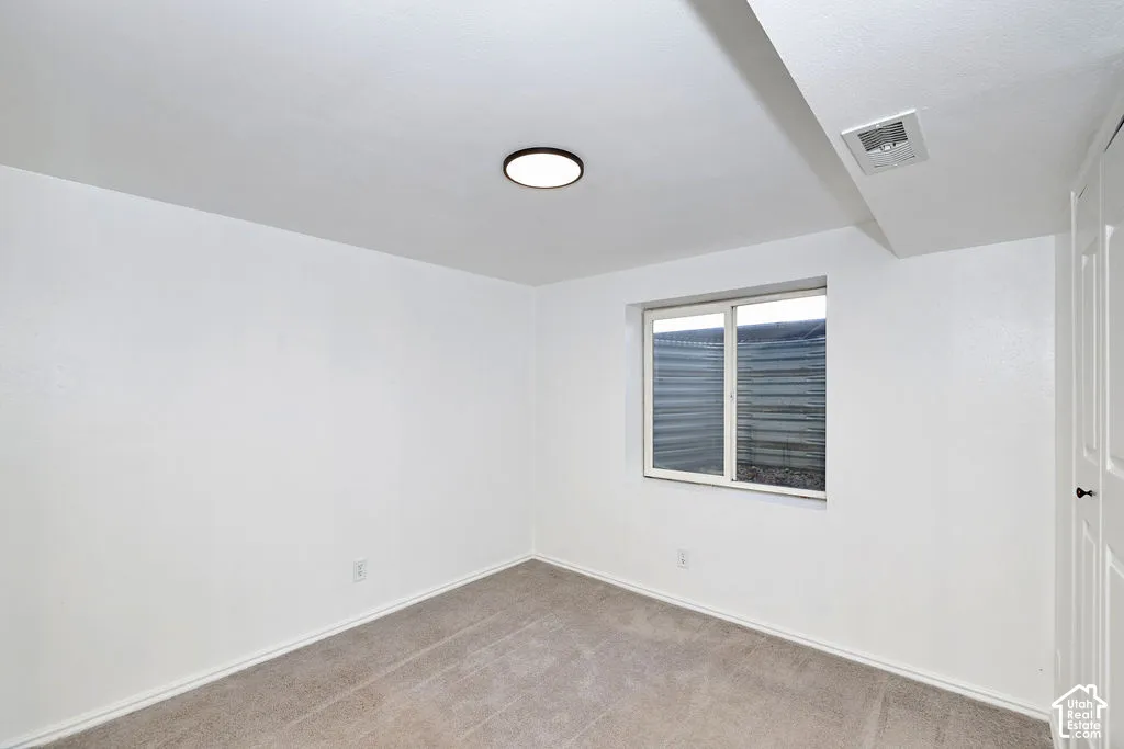 Neutral-toned wall-to-wall carpeting, crisp white walls, sliding window with corrugated steel window well, flush-mount circular ceiling lighting, and panel door