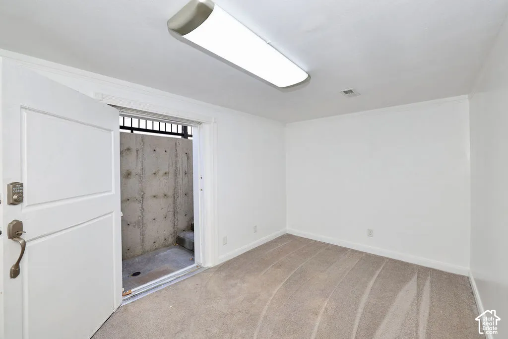 Neutral-toned carpeting, white walls, flush-mount lighting, and direct exterior access via a hinged door opening to a concrete stairwell