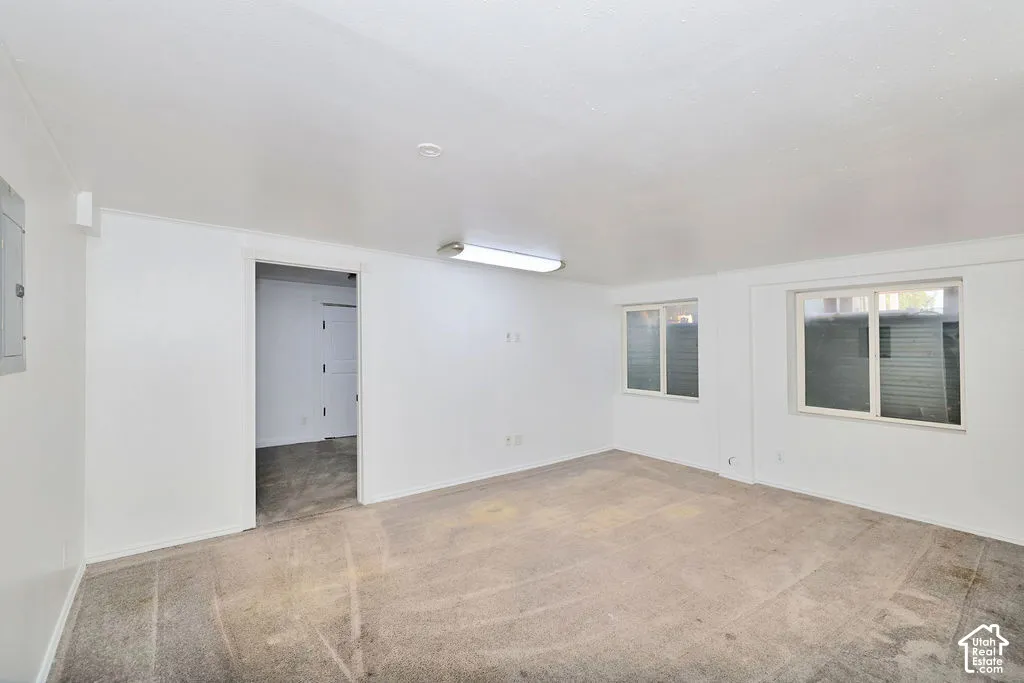 Interior room featuring neutral wall-to-wall carpeting, dual windows, and flush-mount overhead lighting