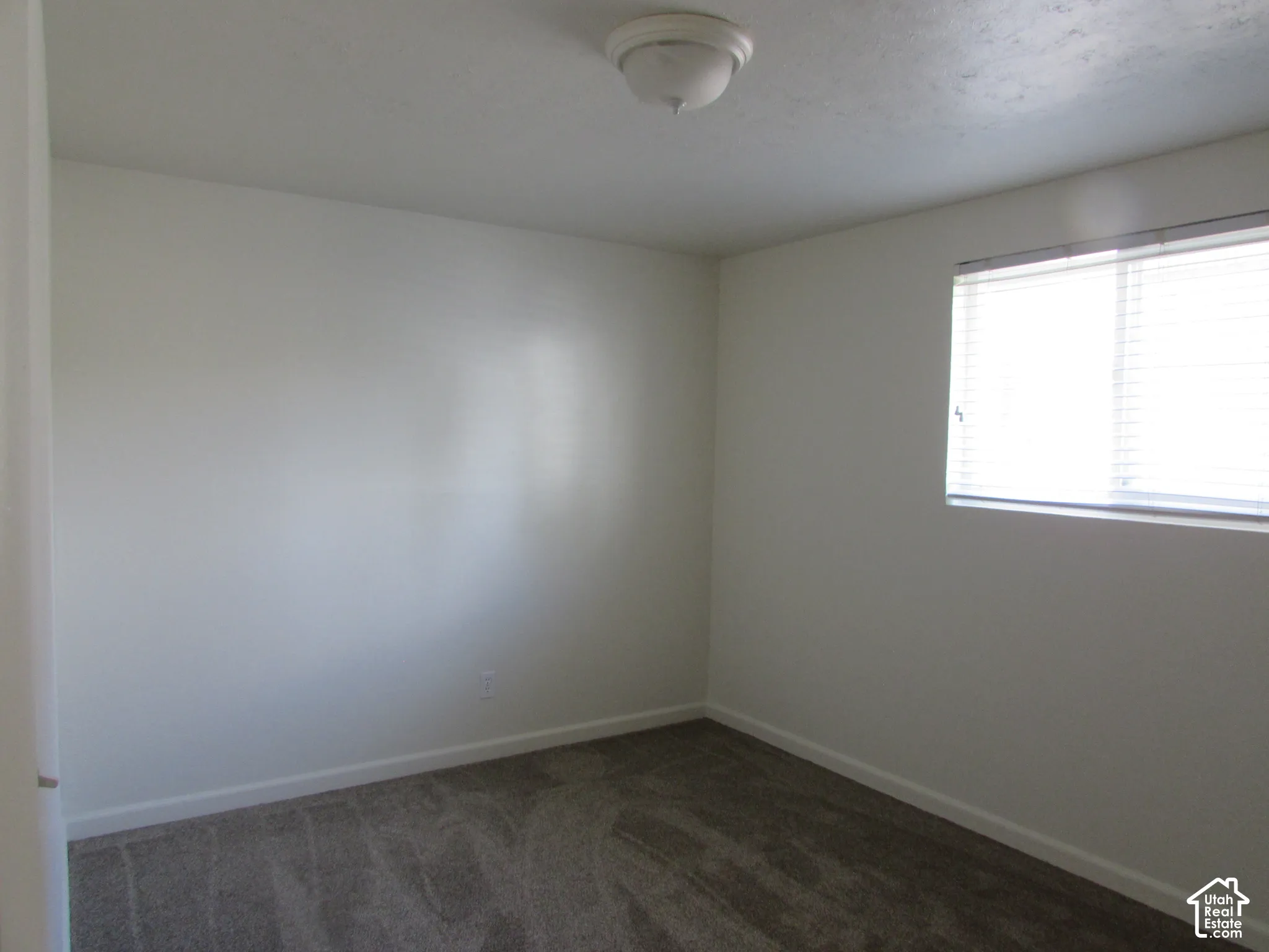 Neutral wall color with white trim, a flush-mount ceiling light fixture, and a window with horizontal blinds