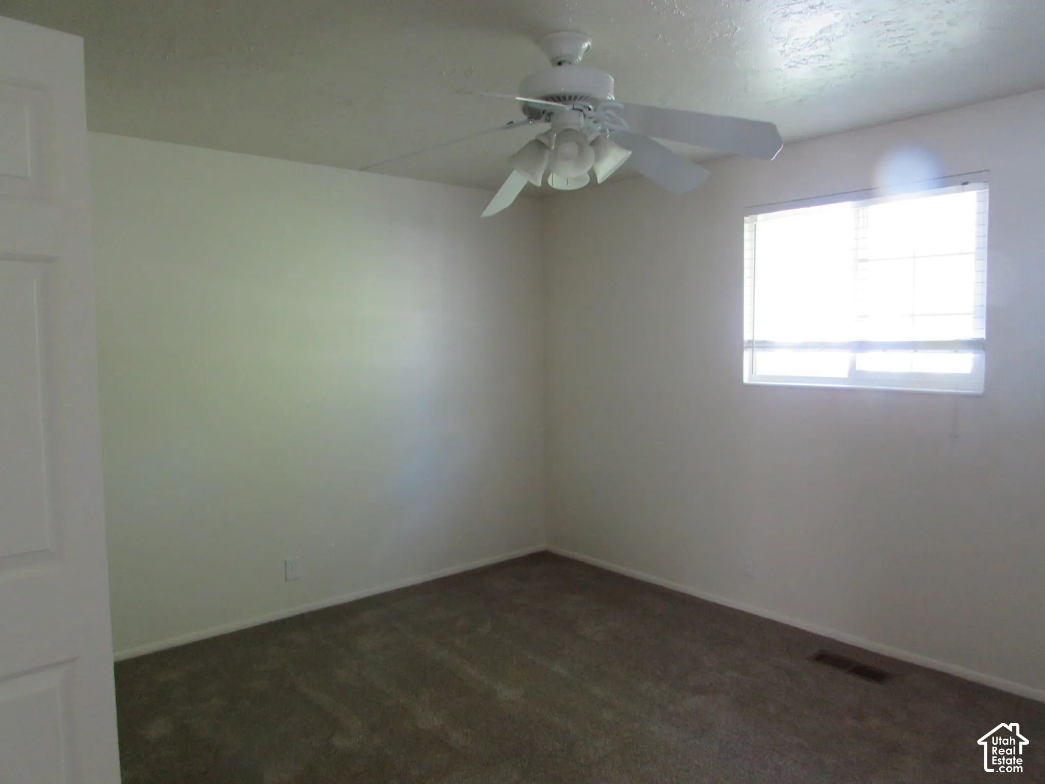 Neutral wall paint, ceiling fan with light fixture, single window, and carpeted flooring