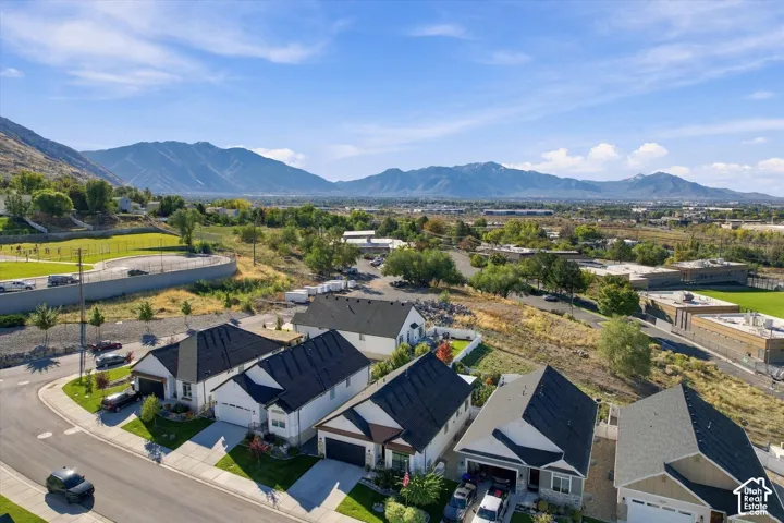 Aerial perspective showcasing multiple residential properties with dark-toned gable roofs and attached garages, framed by a prominent mountain backdrop