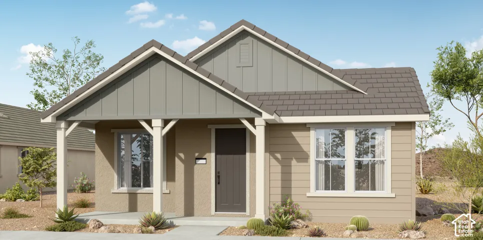 Single-story exterior featuring a mix of horizontal siding and board-and-batten gables, a covered front porch with timber-style posts, and a dual-pitched roofline