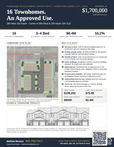 Marketing Flyer, Investment Opportunity. Displaying property details, site plan, and financial projections for a townhome development